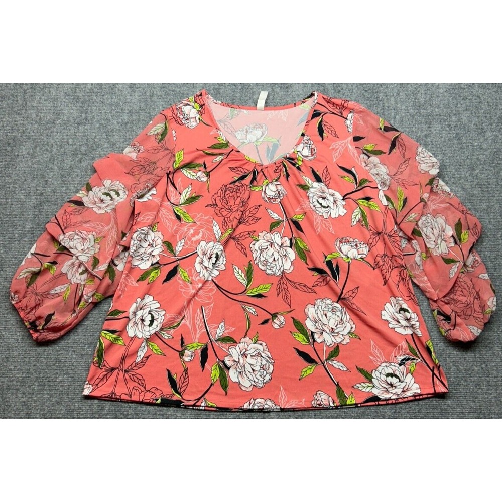 Per Seption Concept Blouse Womens XL Orange Floral Round Neck Long Sleeve New
